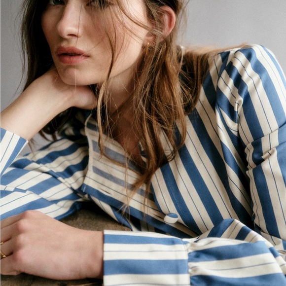 NWT Sézane Celeste Blue and White Striped Blouse Shirt Sz 4 - Picture 2 of 5